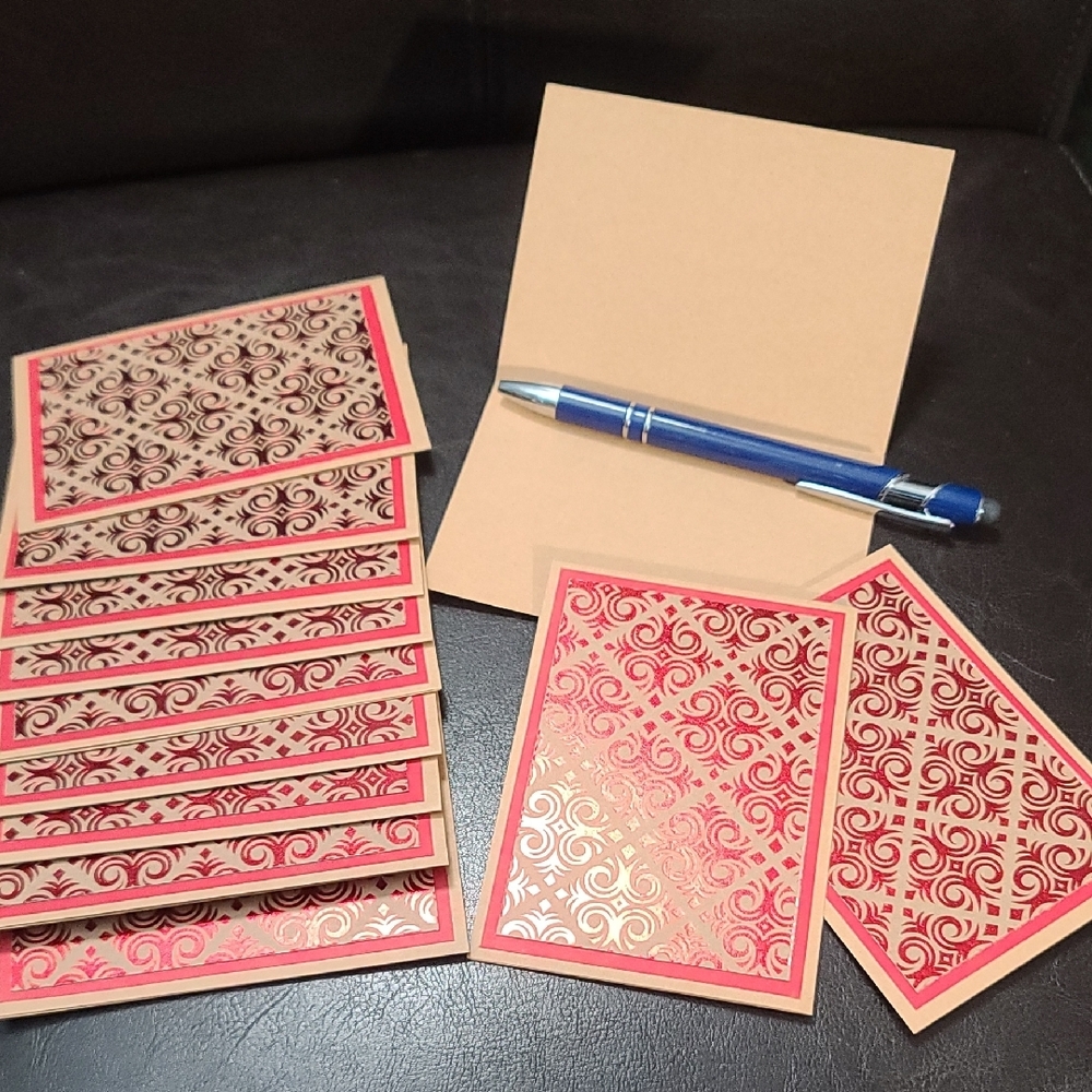 Elegant Metalic Red & Tan Natural Note Cards Thank You  Handcrafted Set 12 NWT